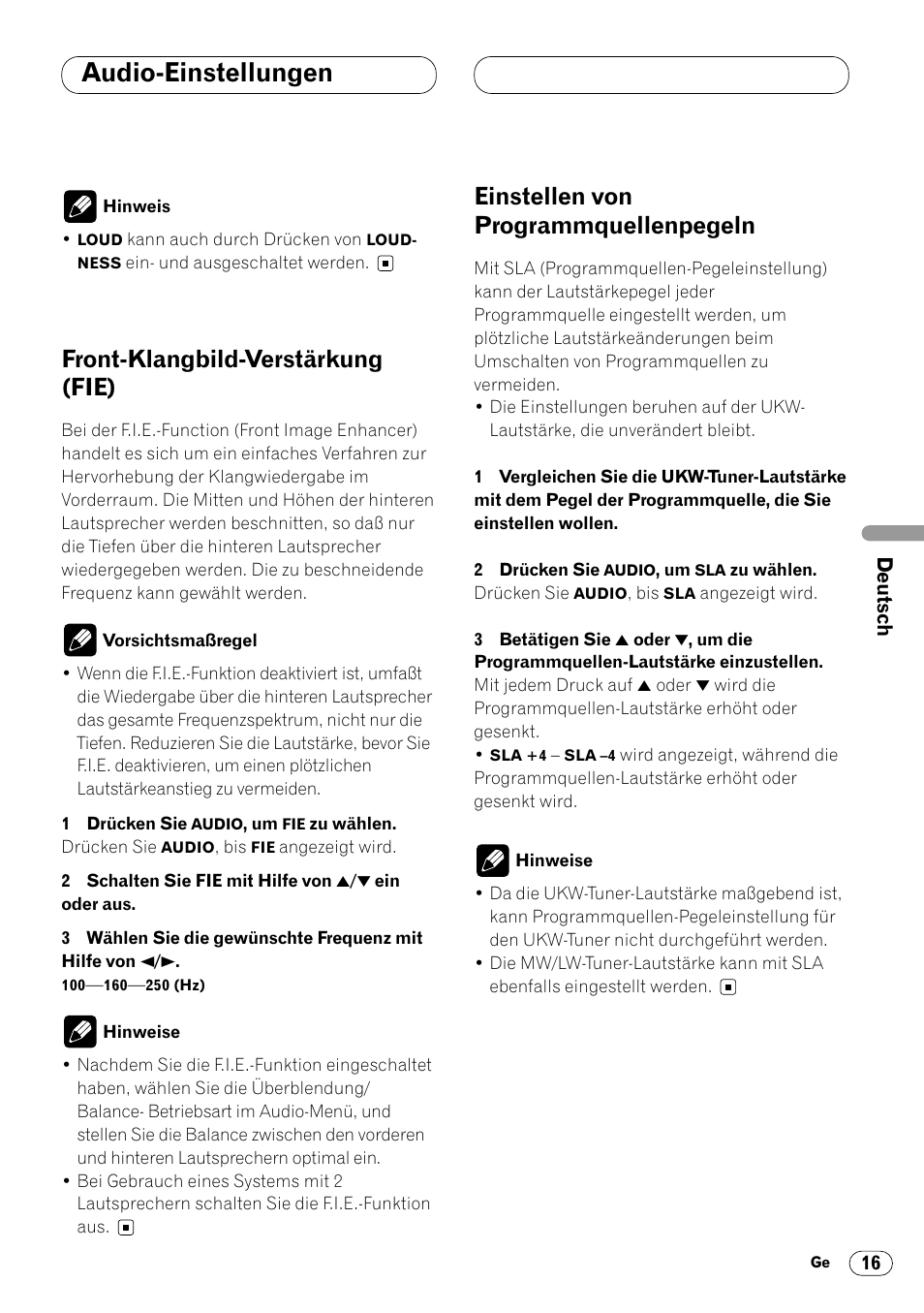 Audio-einstellungen, Front-klangbild-verstärkung (fie), Einstellen von programmquellenpegeln | Pioneer DEH-2460R User Manual | Page 57 / 124