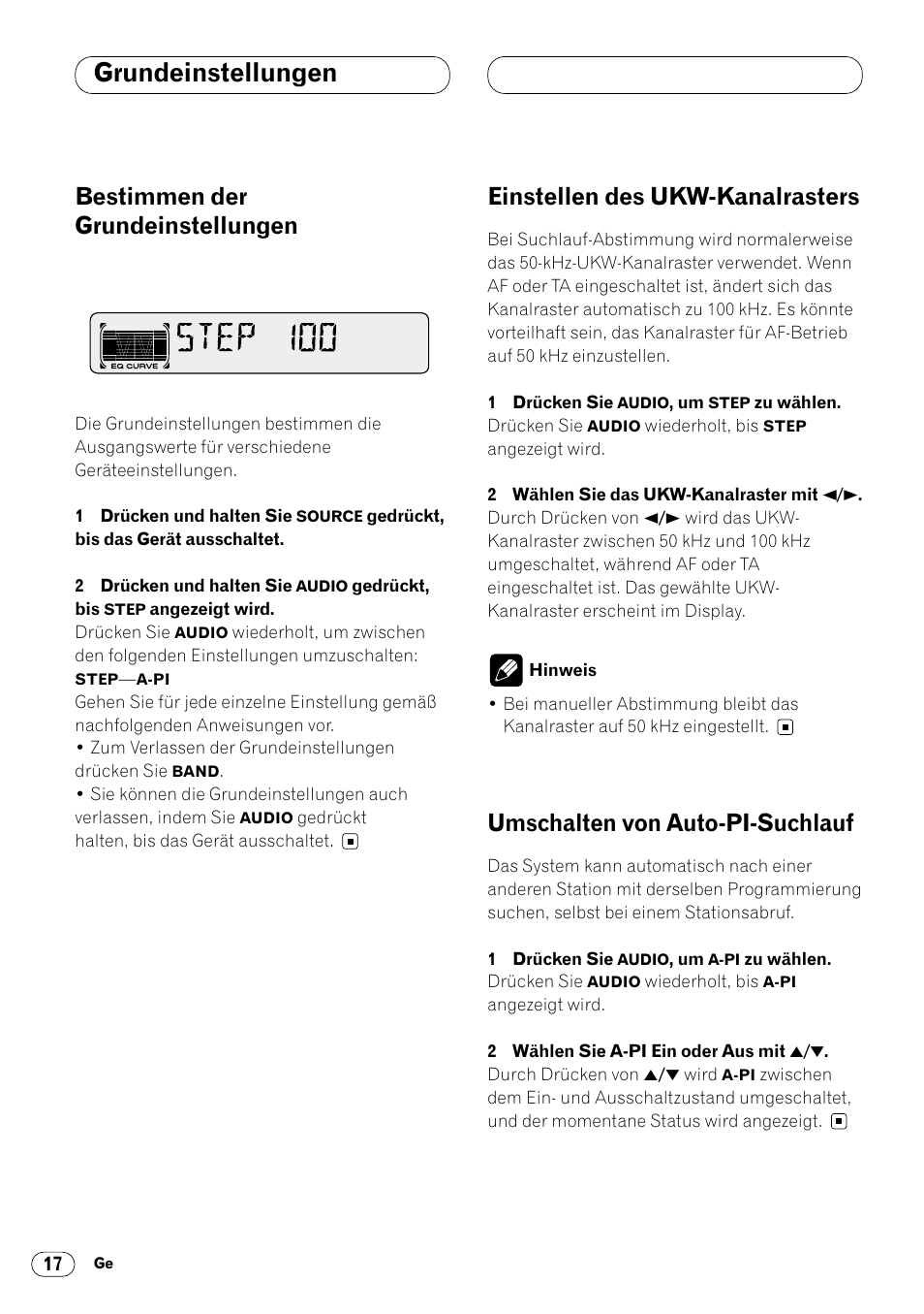 Grundeinstellungen, Bestimmen der grundeinstellungen, Einstellen des ukw-kanalrasters | Umschalten von auto-pi-suchlauf | Pioneer DEH-2460R User Manual | Page 58 / 124