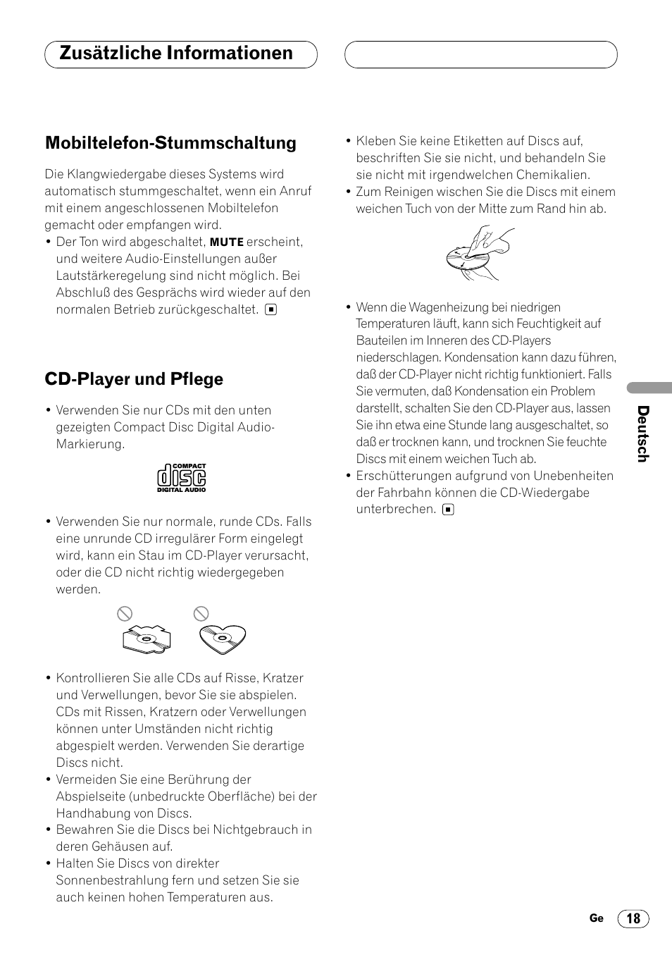 Zusätzliche informationen, Mobiltelefon-stummschaltung, Cd-player und pflege | Pioneer DEH-2460R User Manual | Page 59 / 124