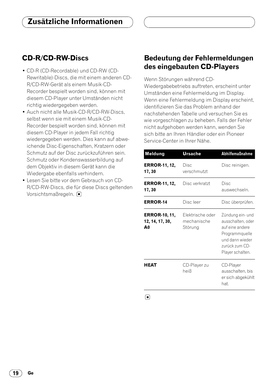 Eingebauten cd-players 19, Zusätzliche informationen, Cd-r/cd-rw-discs | Pioneer DEH-2460R User Manual | Page 60 / 124