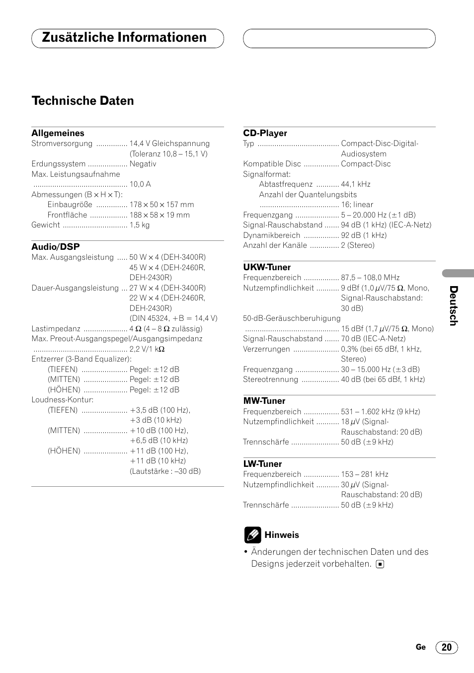 Technische daten 20, Zusätzliche informationen, Technische daten | Pioneer DEH-2460R User Manual | Page 61 / 124