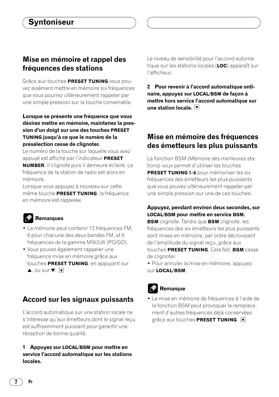 Mise en mémoire et rappel des fréquences, Des stations 7, Émetteurs les plus puissants 7 | Syntoniseur, Accord sur les signaux puissants | Pioneer DEH-2460R User Manual | Page 68 / 124