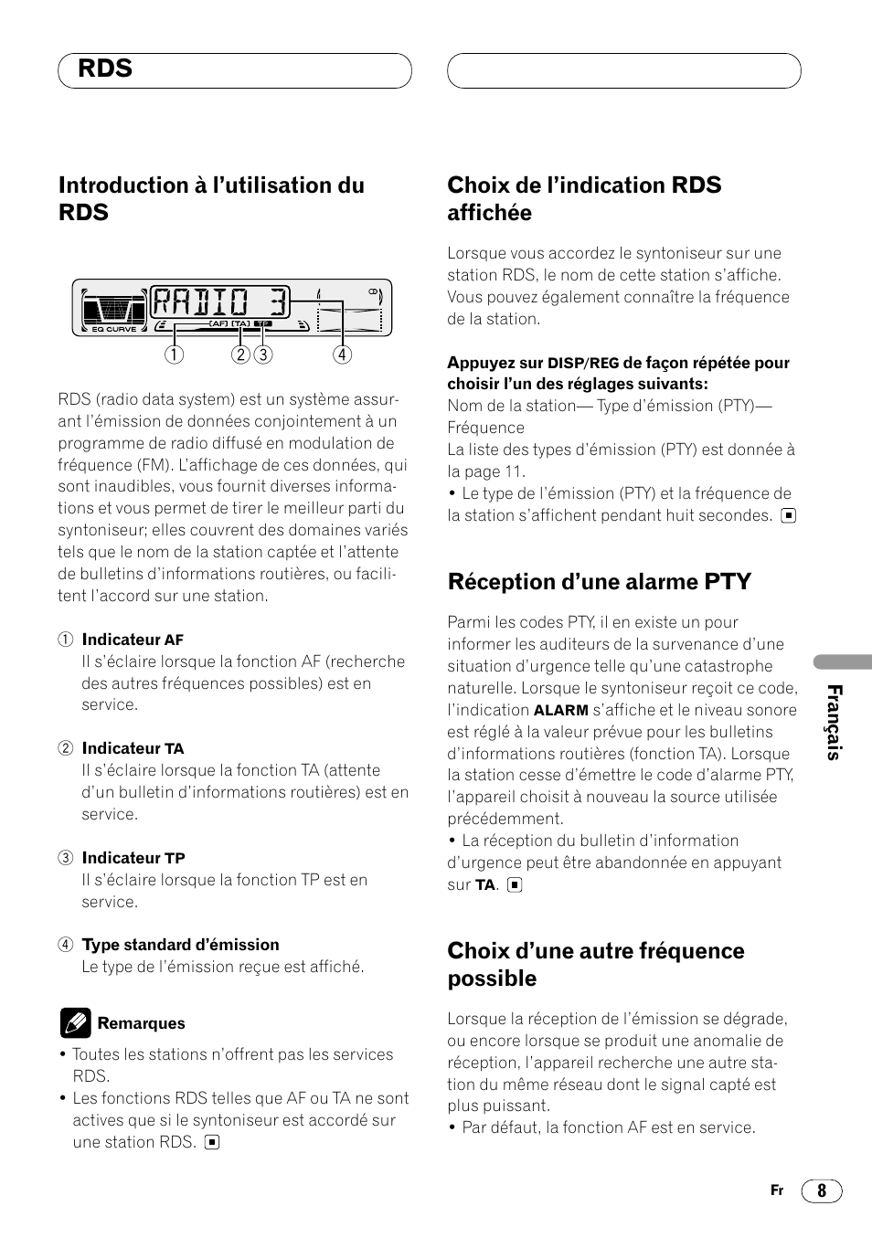 Introduction à l’utilisation du rds, Choix de l’indication rds affichée, Réception d’une alarme pty | Choix d’une autre fréquence possible | Pioneer DEH-2460R User Manual | Page 69 / 124