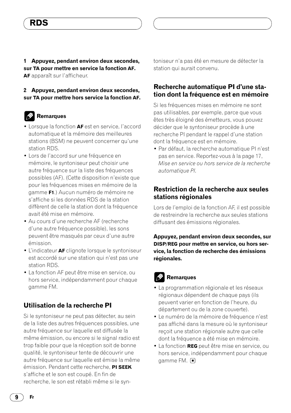 Station dont la fréquence est en mémoire 9, Restriction de la recherche aux seules, Stations régionales 9 | Pioneer DEH-2460R User Manual | Page 70 / 124