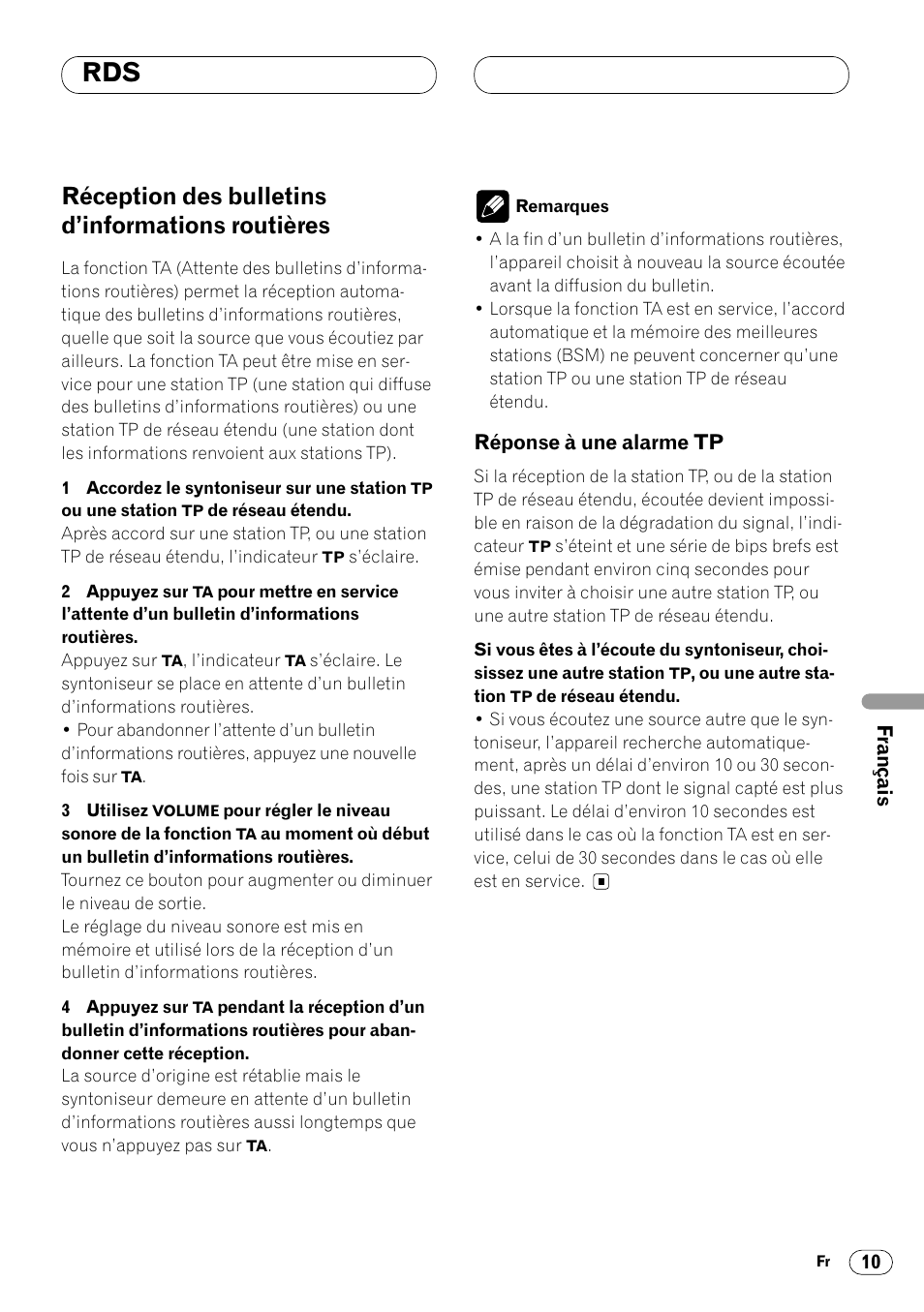 Réception des bulletins d’informations, Routières 10 • réponse à une alarme tp 10, Réception des bulletins d’informations routières | Pioneer DEH-2460R User Manual | Page 71 / 124