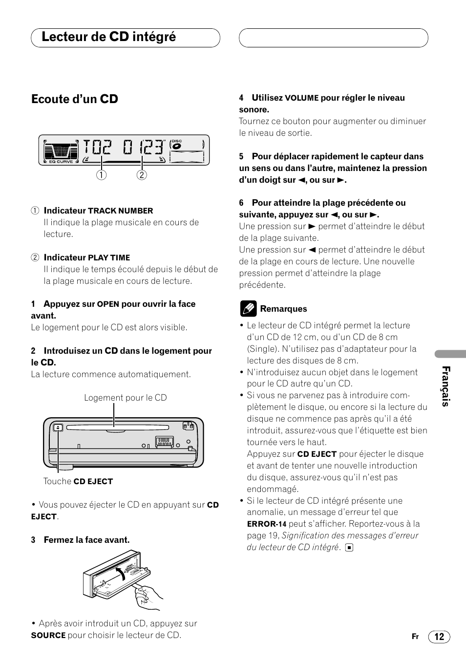 Lecteur de cd intégré, Ecoute d’un cd 12, Ecoute d’un cd | Pioneer DEH-2460R User Manual | Page 73 / 124
