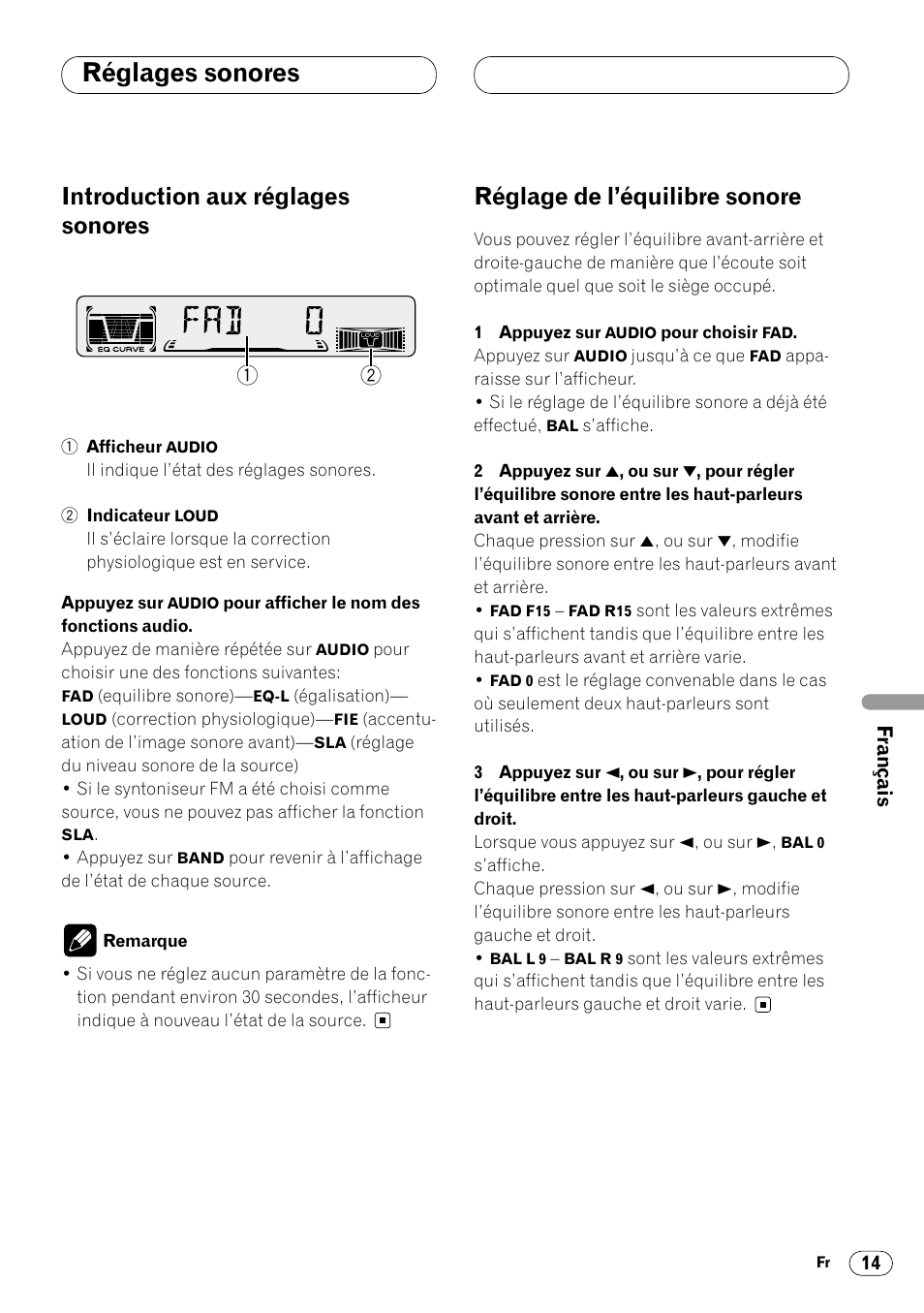Réglages sonores, Introduction aux réglages sonores, Réglage de l’équilibre sonore | Pioneer DEH-2460R User Manual | Page 75 / 124