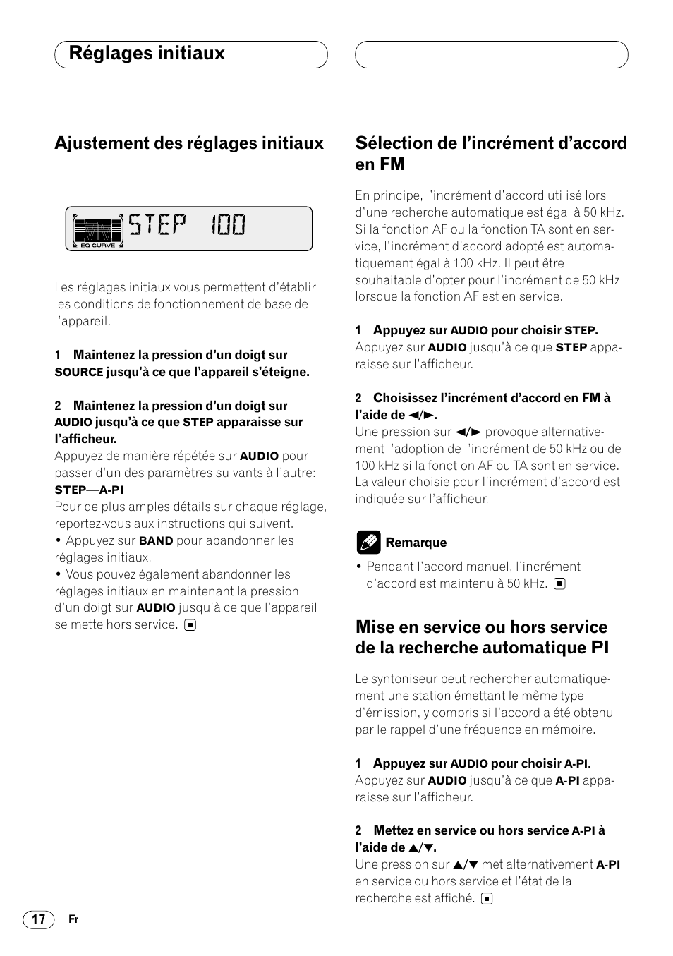Réglages initiaux, Recherche automatique pi 17, Ajustement des réglages initiaux | Sélection de l’incrément d’accord en fm | Pioneer DEH-2460R User Manual | Page 78 / 124