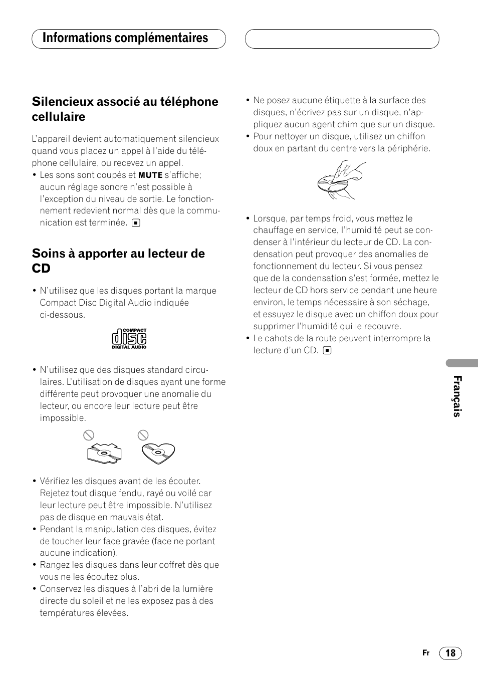 Informations complémentaires, Silencieux associé au téléphone, Cellulaire 18 | Soins à apporter au lecteur de cd 18, Silencieux associé au téléphone cellulaire, Soins à apporter au lecteur de cd | Pioneer DEH-2460R User Manual | Page 79 / 124