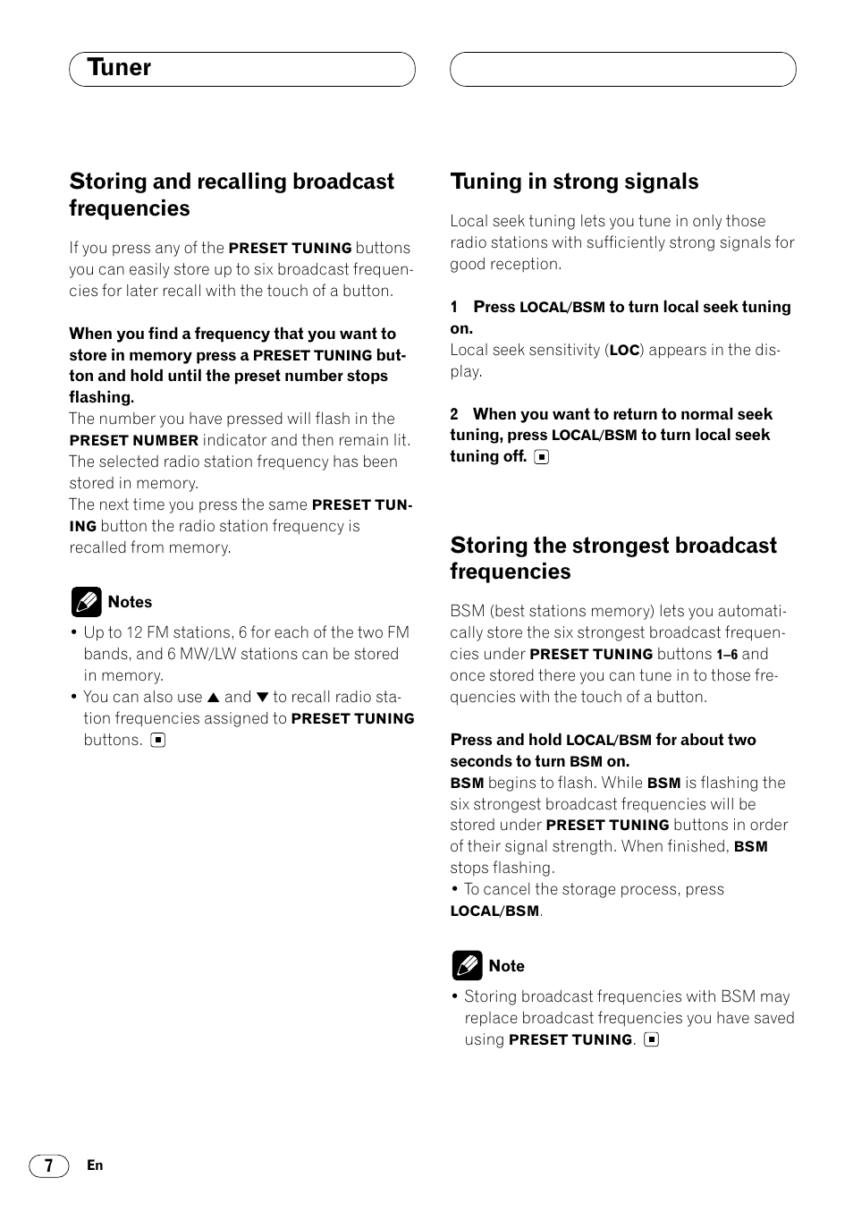 Storing and recalling broadcast, Frequencies 7, Tuner | Storing and recalling broadcast frequencies, Tuning in strong signals, Storing the strongest broadcast frequencies | Pioneer DEH-2460R User Manual | Page 8 / 124