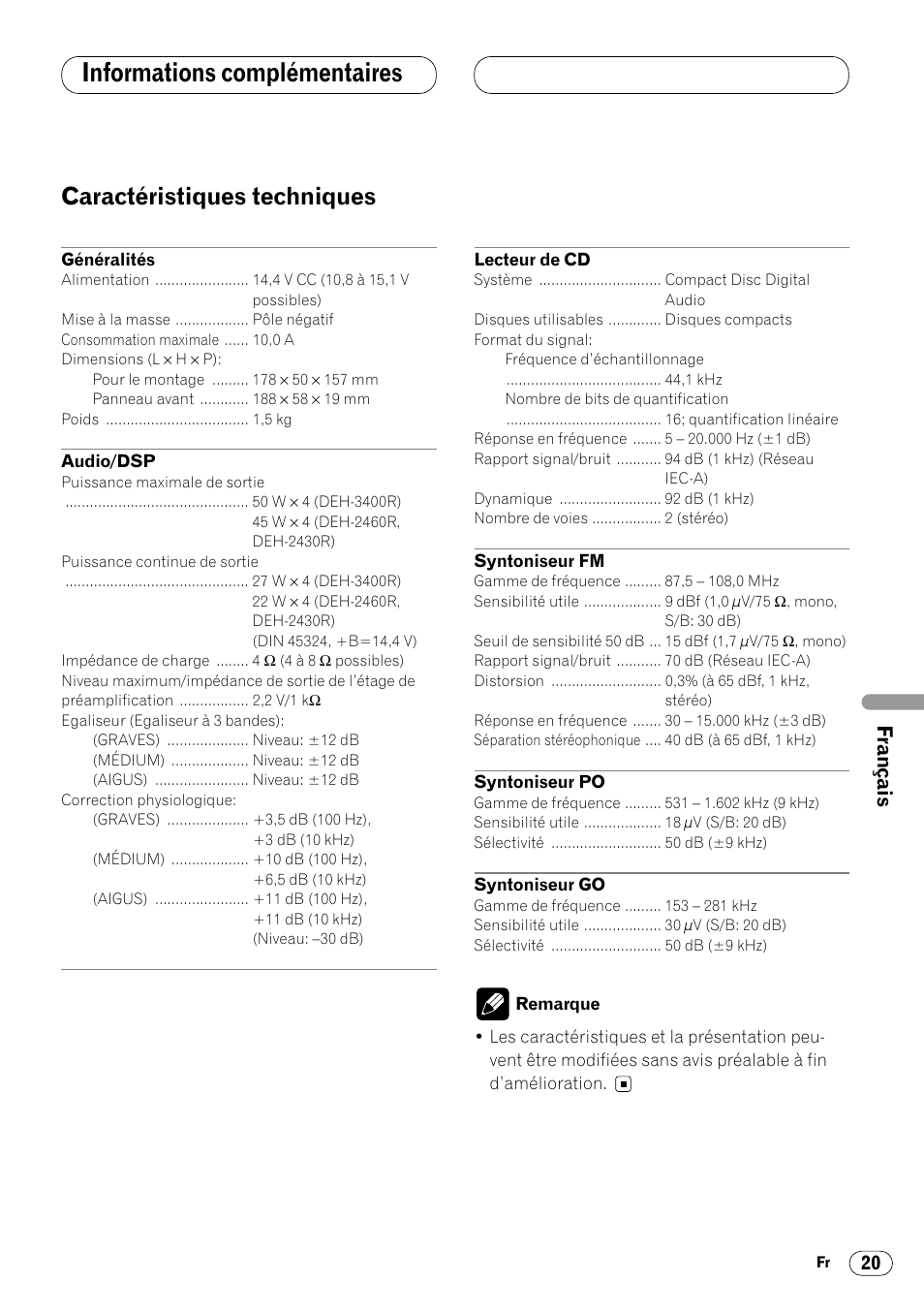 Caractéristiques techniques 20, Informations complémentaires, Caractéristiques techniques | Pioneer DEH-2460R User Manual | Page 81 / 124