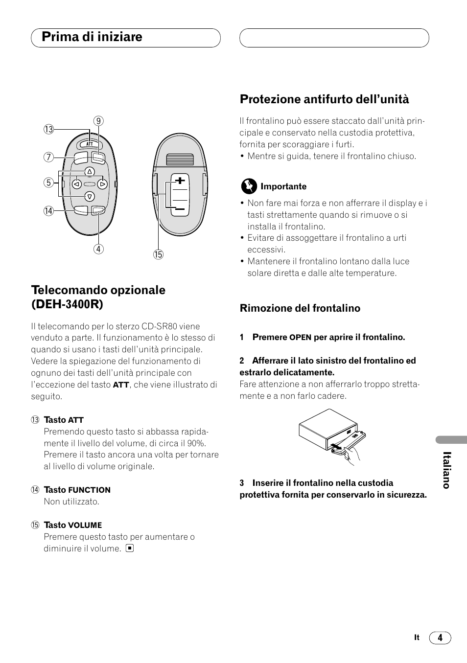 Rimozione del frontalino 4, Prima di iniziare, Telecomando opzionale (deh-3400r) | Protezione antifurto dell’unità | Pioneer DEH-2460R User Manual | Page 85 / 124