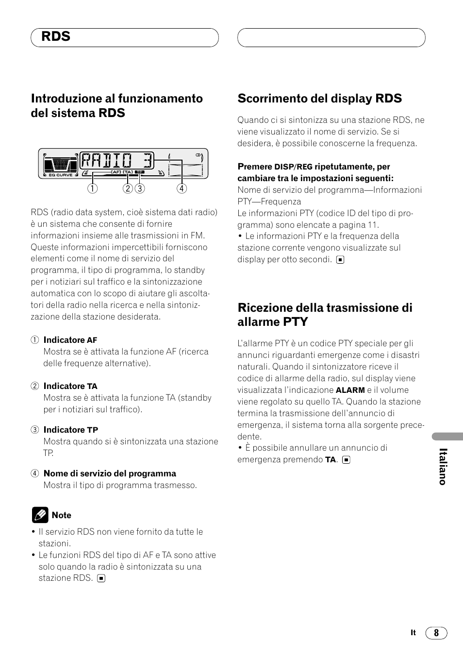 Introduzione al funzionamento del, Sistema rds 8, Pty 8 | Introduzione al funzionamento del sistema rds, Scorrimento del display rds, Ricezione della trasmissione di allarme pty | Pioneer DEH-2460R User Manual | Page 89 / 124