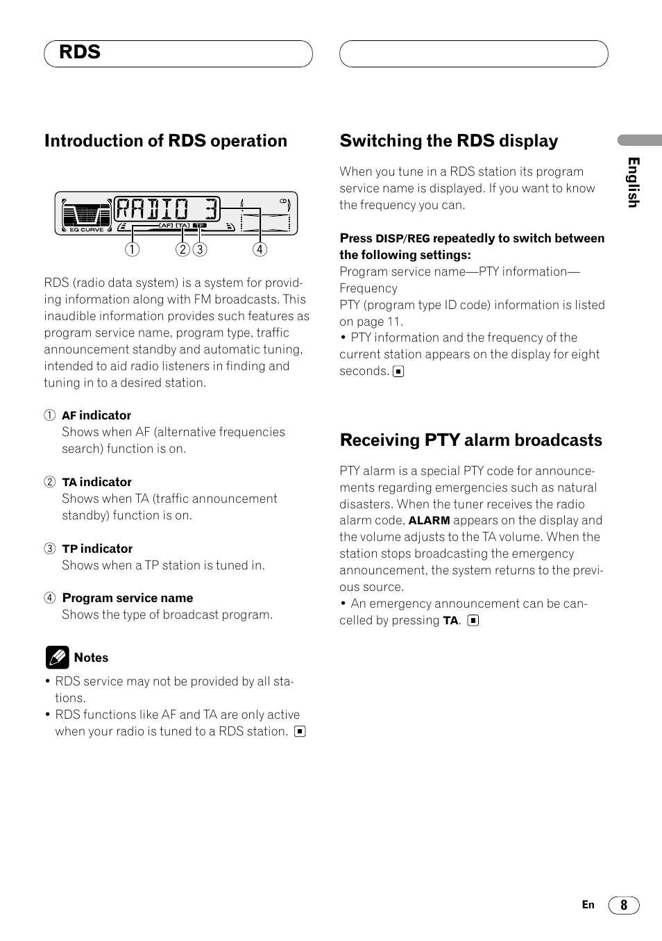 Introduction of rds operation, Switching the rds display, Receiving pty alarm broadcasts | Pioneer DEH-2460R User Manual | Page 9 / 124