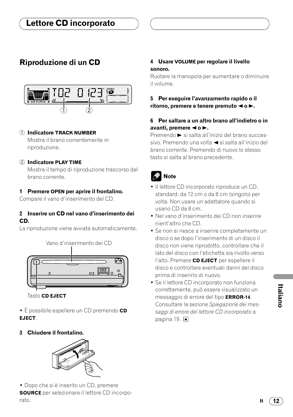 Lettore cd incorporato, Riproduzione di un cd 12, Riproduzione di un cd | Pioneer DEH-2460R User Manual | Page 93 / 124