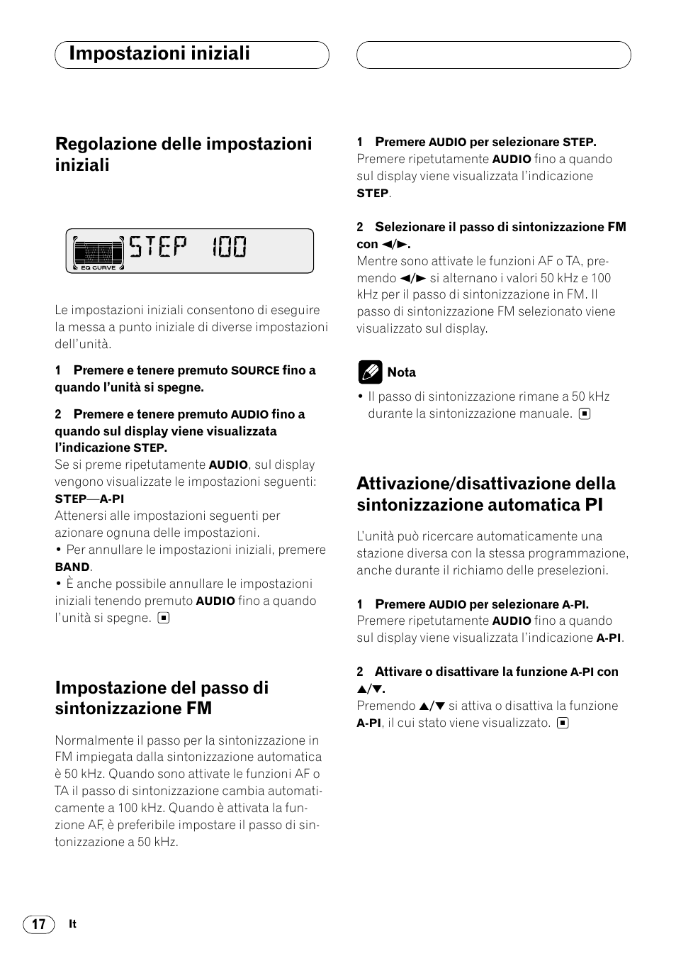 Impostazioni iniziali, Fm 17, Attivazione/disattivazione della sintoniz | Zazione automatica pi 17, Regolazione delle impostazioni iniziali, Impostazione del passo di sintonizzazione fm | Pioneer DEH-2460R User Manual | Page 98 / 124