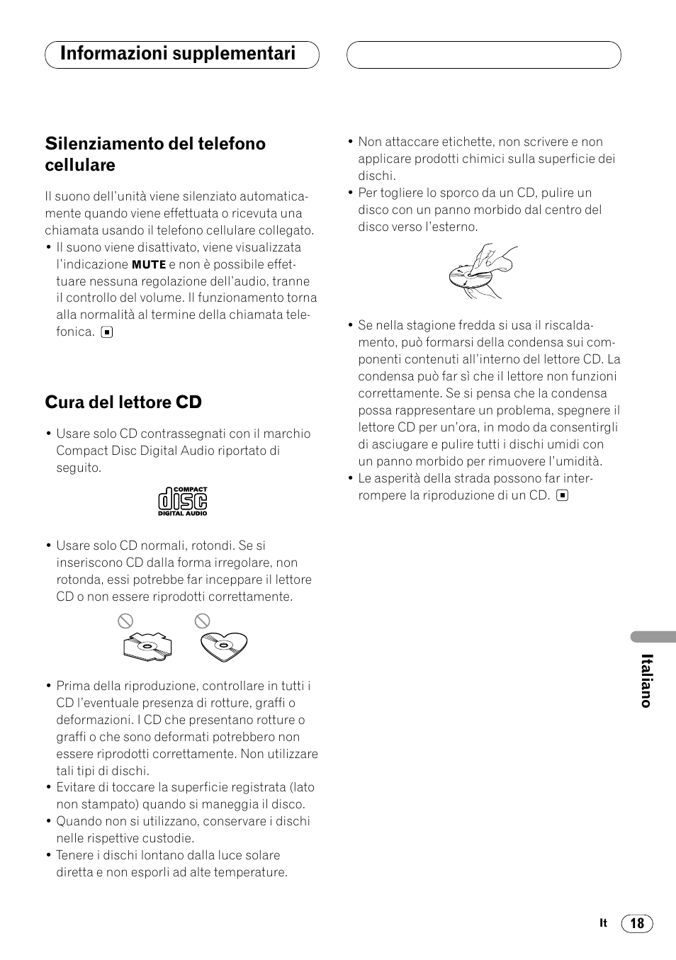 Informazioni supplementari, Silenziamento del telefono cellulare, Cura del lettore cd | Pioneer DEH-2460R User Manual | Page 99 / 124