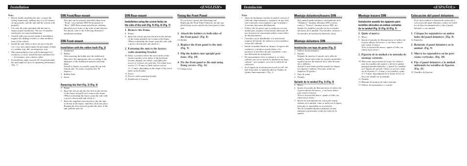 Instalación <español> installation <english, Montaje trasero din, Colocación del panel delantero | Montaje delantero/trasero din, Montaje delantero din, Din rear-mount, Fixing the front panel, Din front/rear-mount, Din front-mount | Pioneer DEH-P2500R User Manual | Page 2 / 8