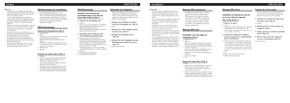 Installation <français> einbau <deutsch, Montage din arrière, Fixation de la face avant | Montage din avant/arrière, Montage din avant, Din-rückmontage, Befestigen der frontplatte, Din-befestigung von vorne/hinten, Din-vordermontage | Pioneer DEH-P2500R User Manual | Page 3 / 8