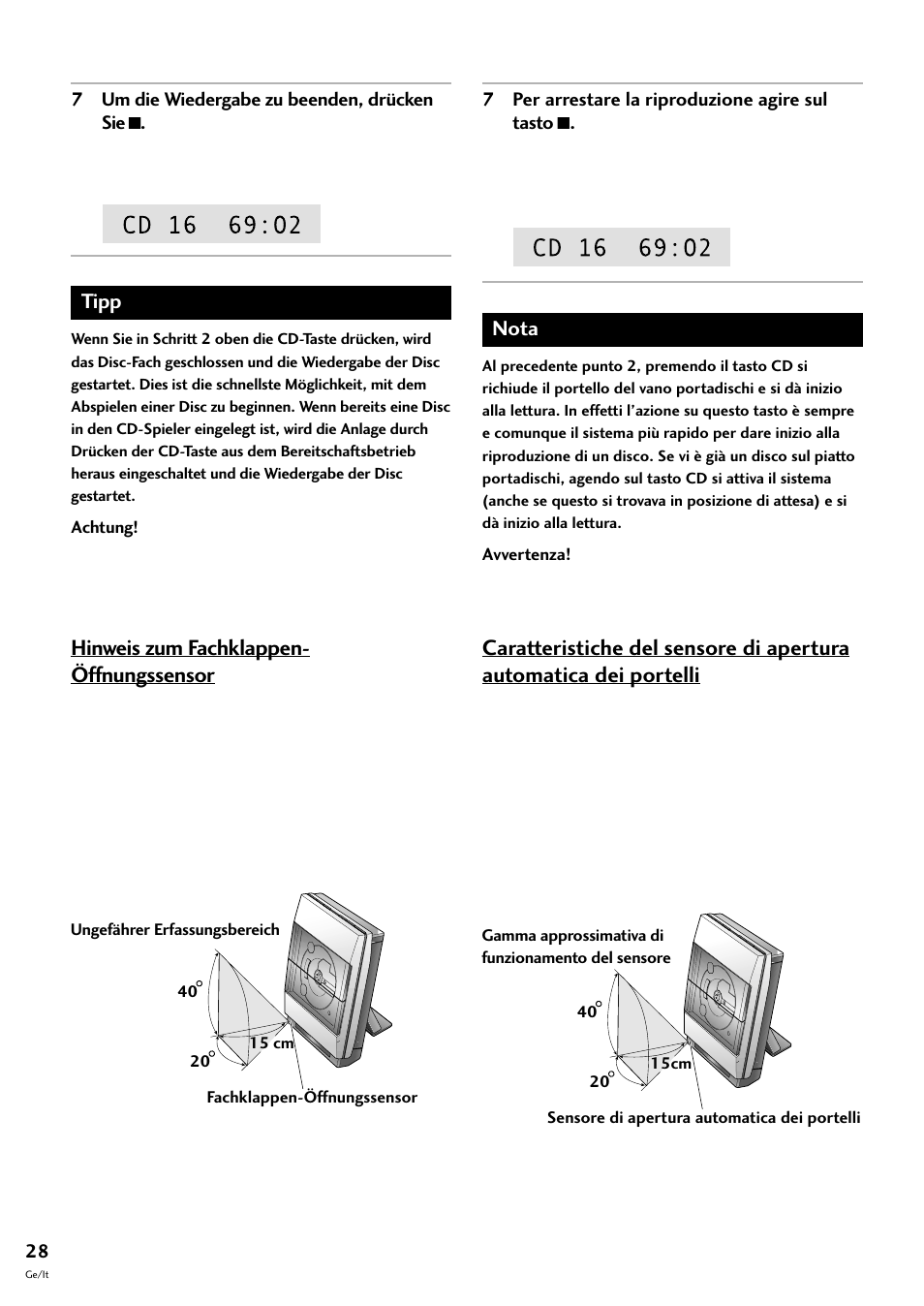 Hinweis zum fachklappen-öffnungssensor, Hinweis zum fachklappen- öffnungssensor, Tipp | Nota | Pioneer CT-F10 User Manual | Page 100 / 146