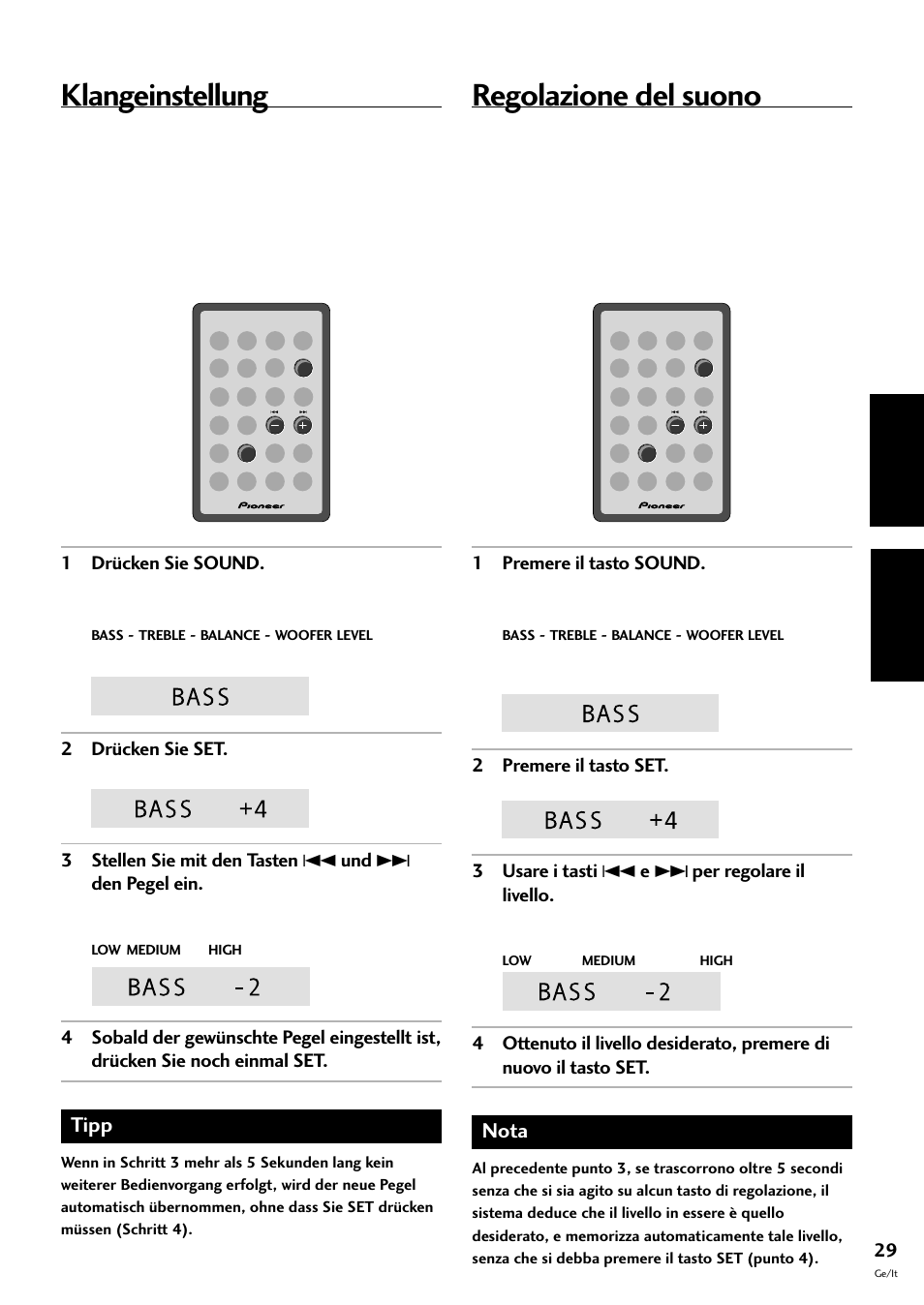 Klangeinstellung, Regolazione del suono, Deutsch italiano | Tipp, Nota | Pioneer CT-F10 User Manual | Page 101 / 146