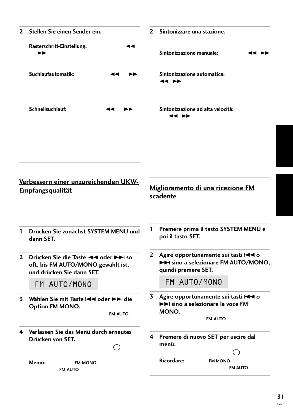 Deutsch italiano, Miglioramento di una ricezione fm scadente | Pioneer CT-F10 User Manual | Page 103 / 146