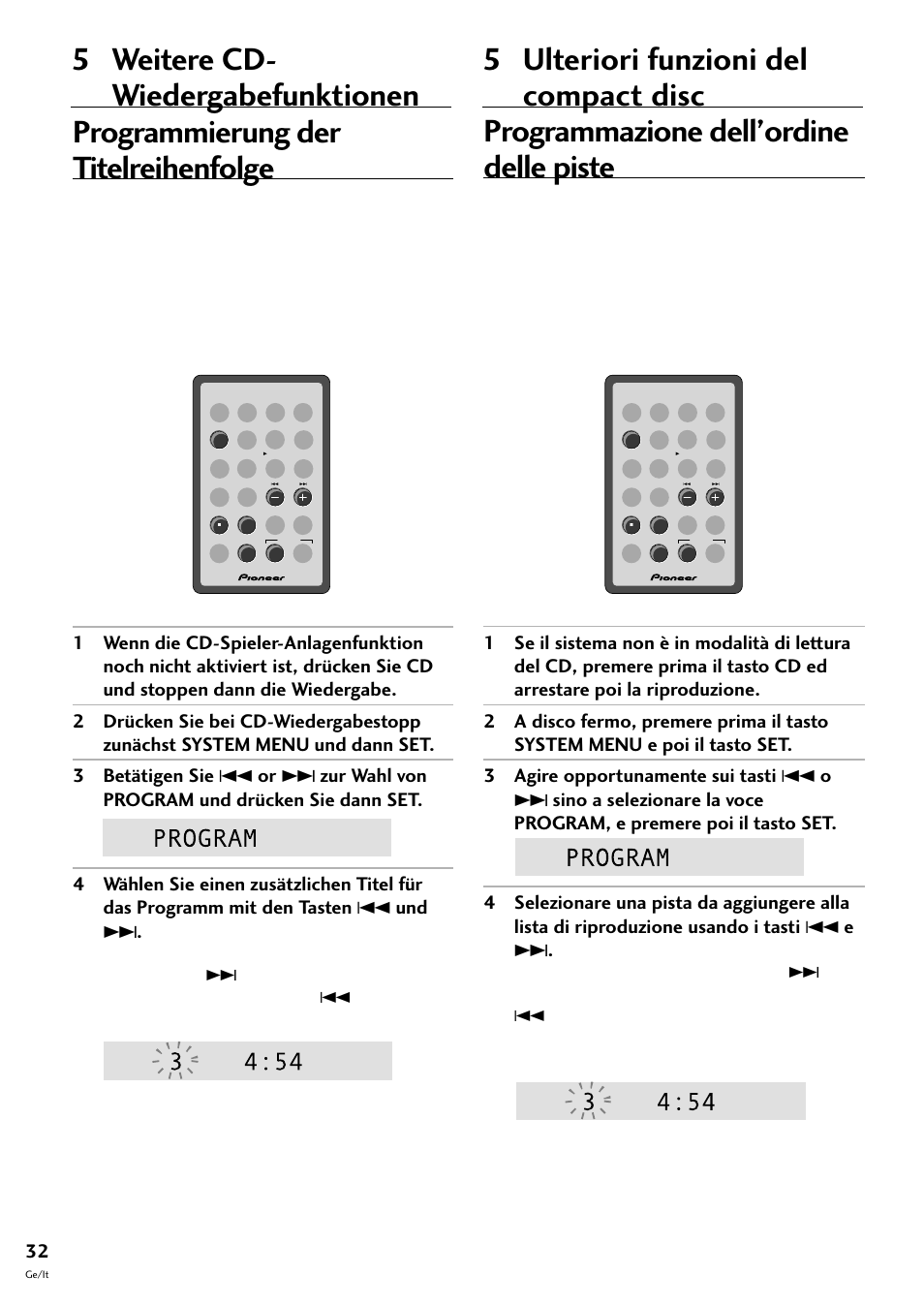Programmierung der titelreihenfolge, Programmazione dell’ordine delle piste, 5 weitere cd- wiedergabefunktionen | 5 ulteriori funzioni del compact disc | Pioneer CT-F10 User Manual | Page 104 / 146
