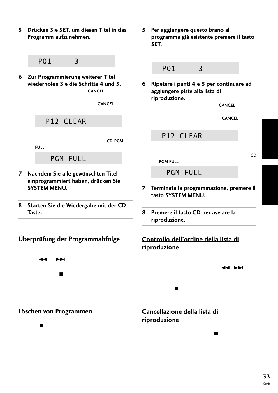 Deutsch italiano, Überprüfung der programmabfolge, Löschen von programmen | Controllo dell’ordine della lista di riproduzione, Cancellazione della lista di riproduzione | Pioneer CT-F10 User Manual | Page 105 / 146