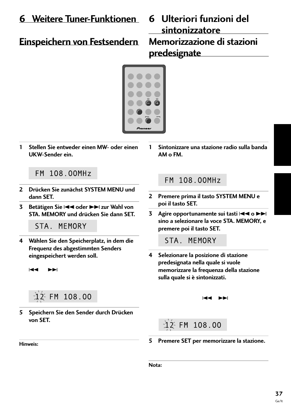 Einspeichern von festsendern, Memorizzazione di stazioni predesignate, 6 weitere tuner-funktionen | 6 ulteriori funzioni del sintonizzatore, Deutsch italiano | Pioneer CT-F10 User Manual | Page 109 / 146