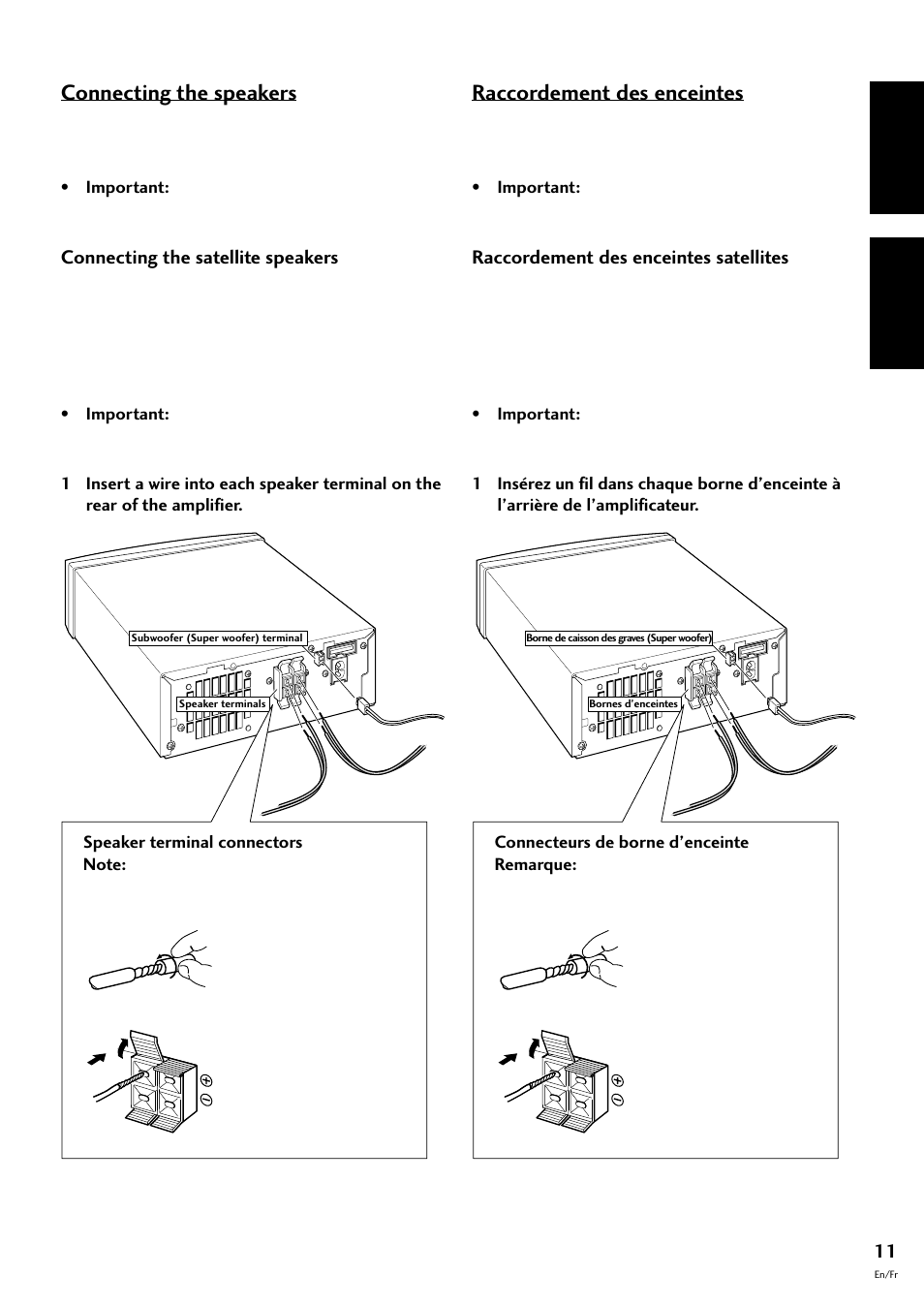 Raccordement des enceintes, Raccordement des enceintes satellites, English fran çais | Connecting the speakers | Pioneer CT-F10 User Manual | Page 11 / 146