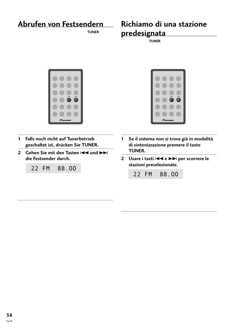 Abrufen von festsendern, Richiamo di una stazione predesignata | Pioneer CT-F10 User Manual | Page 110 / 146