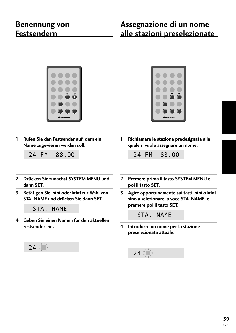 Benennung von festsendern, Deutsch italiano | Pioneer CT-F10 User Manual | Page 111 / 146