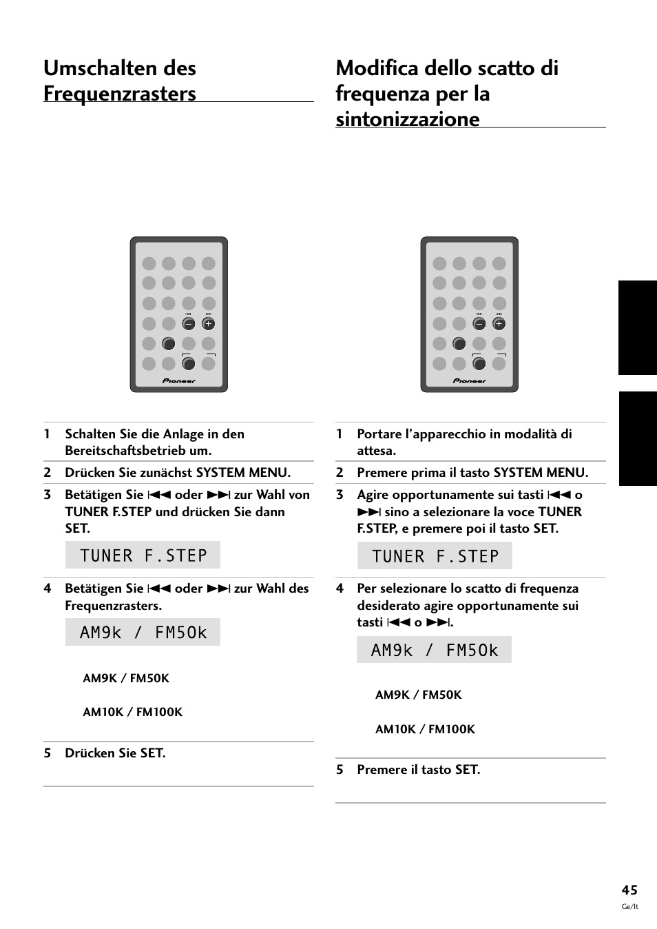 Umschalten des frequenzrasters, Deutsch italiano | Pioneer CT-F10 User Manual | Page 117 / 146