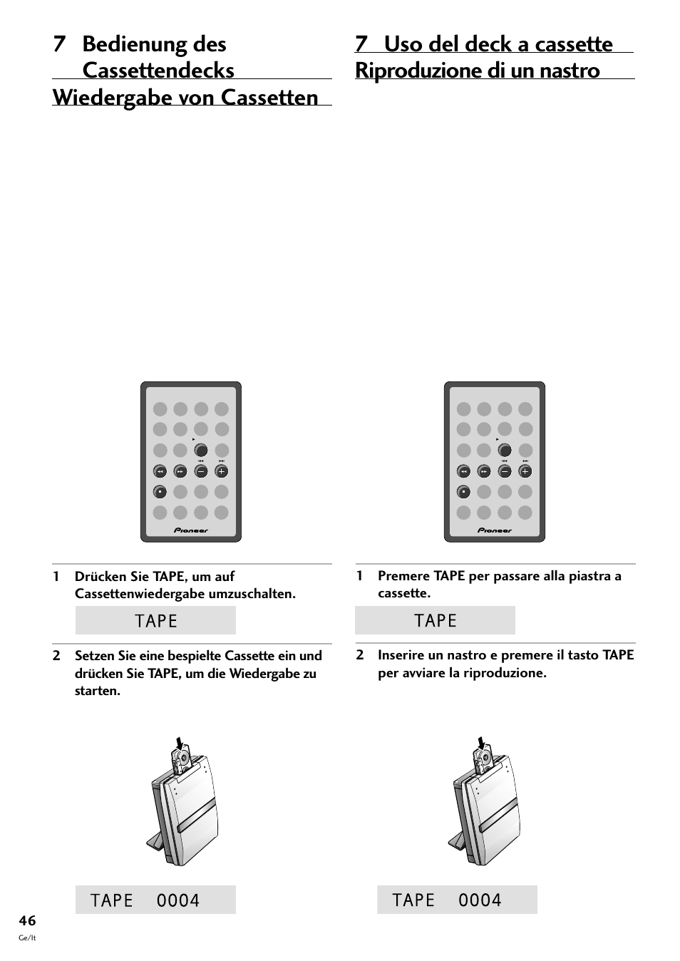 Wiedergabe von cassetten, Riproduzione di un nastro, 7 bedienung des cassettendecks | 7 uso del deck a cassette | Pioneer CT-F10 User Manual | Page 118 / 146