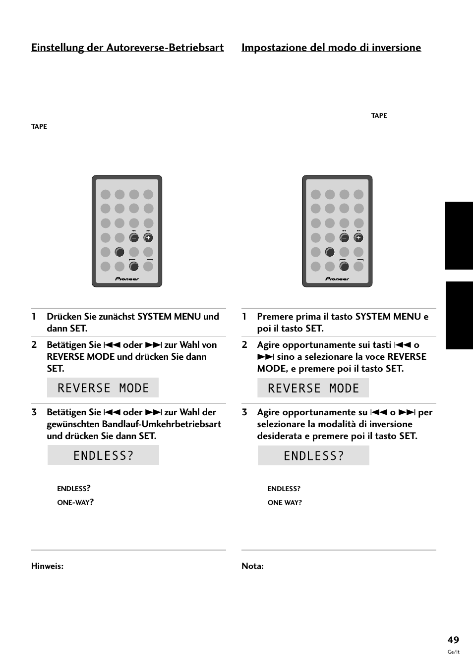 Einstellung der autoreverse-betriebsart, Impostazione del modo di inversione, Deutsch italiano | Pioneer CT-F10 User Manual | Page 121 / 146