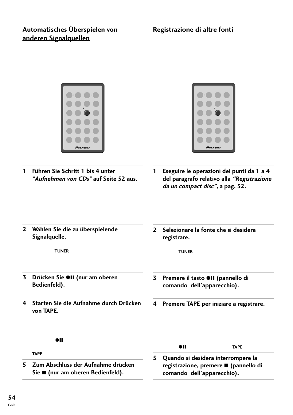 Registrazione di altre fonti | Pioneer CT-F10 User Manual | Page 126 / 146