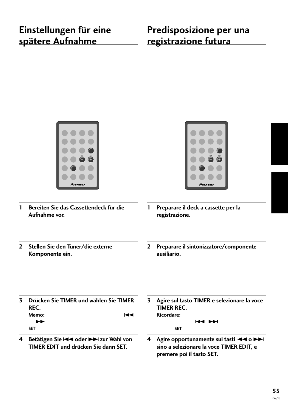 Einstellungen für eine spätere aufnahme, Predisposizione per una registrazione futura, Deutsch italiano | Pioneer CT-F10 User Manual | Page 127 / 146