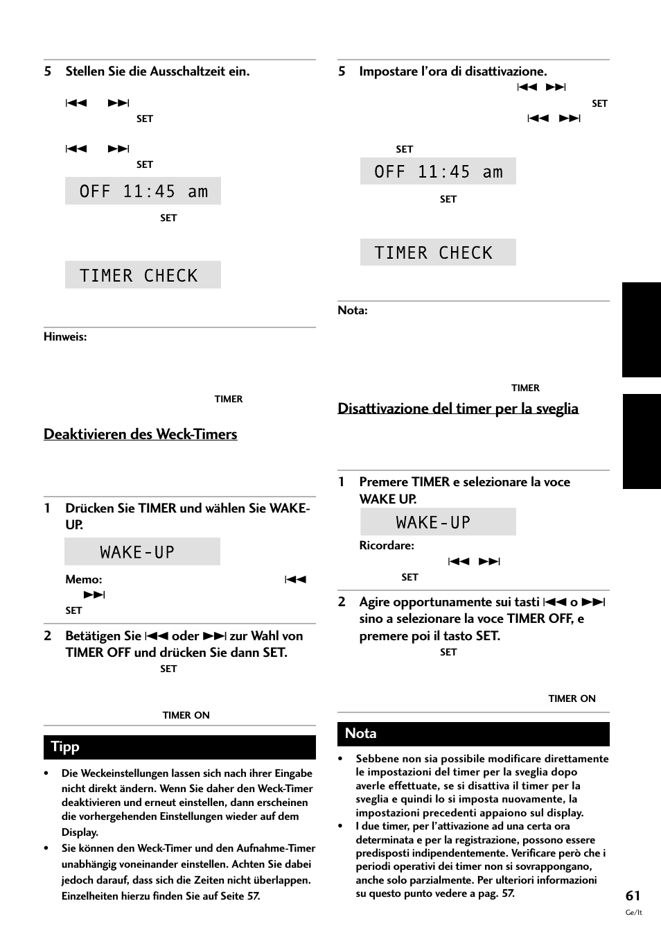 Deaktivieren des weck-timers, Disattivazione del timer per la sveglia, Deutsch italiano | Tipp, Nota | Pioneer CT-F10 User Manual | Page 133 / 146