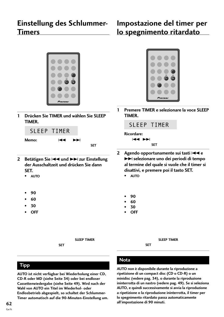 Einstellung des schlummer- timers, Tipp, Nota | Pioneer CT-F10 User Manual | Page 134 / 146