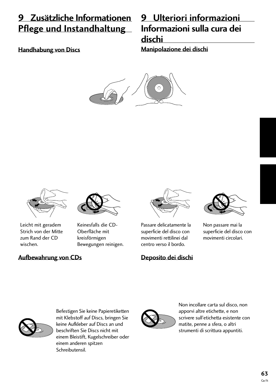 Pflege und instandhaltung, Handhabung von discs aufbewahrung von cds, Informazioni sulla cura dei dischi | Manipolazione dei dischi deposito dei dischi, 9 zusätzliche informationen, Deutsch italiano | Pioneer CT-F10 User Manual | Page 135 / 146
