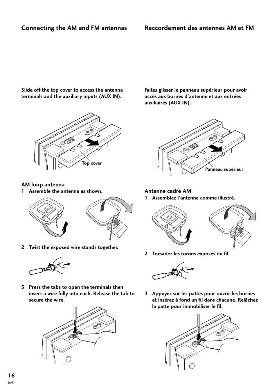 Raccordement des antennes am et fm, Antenne cadre am, 2 installing and connecting up | Connecting the am and fm antennas | Pioneer CT-F10 User Manual | Page 16 / 146