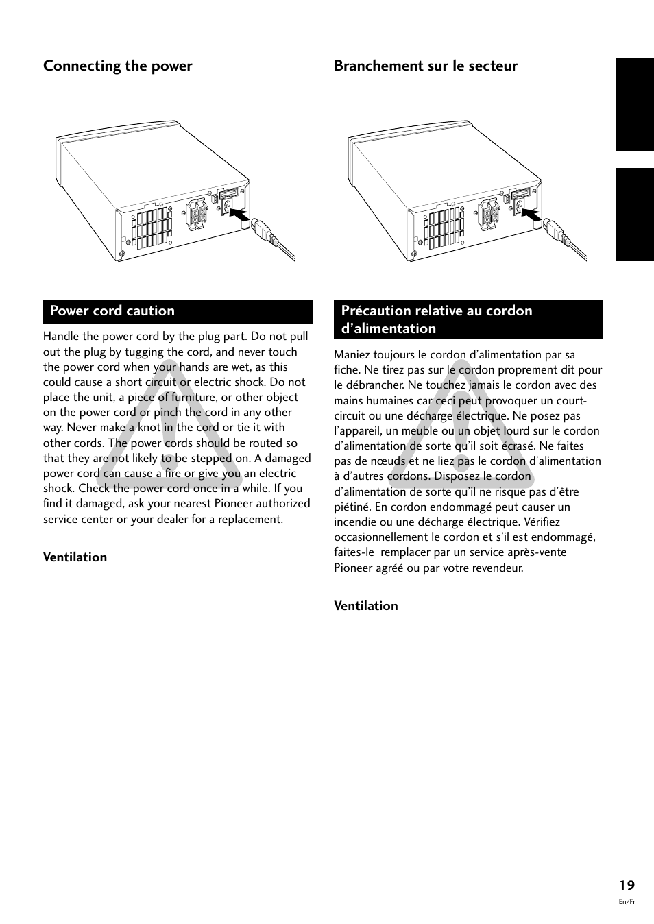 Branchement sur le secteur, Précaution relative au cordon d’alimentation, English fran çais | Pioneer CT-F10 User Manual | Page 19 / 146