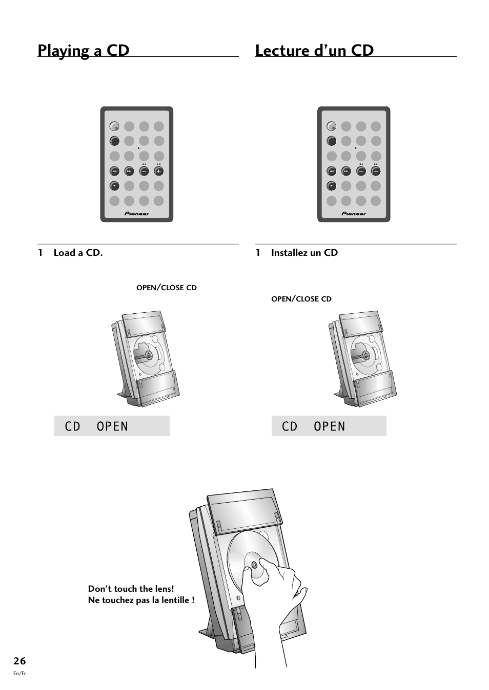 Lecture d’un cd, Playing a cd, 1 load a cd | 1 installez un cd, On the remote | Pioneer CT-F10 User Manual | Page 26 / 146