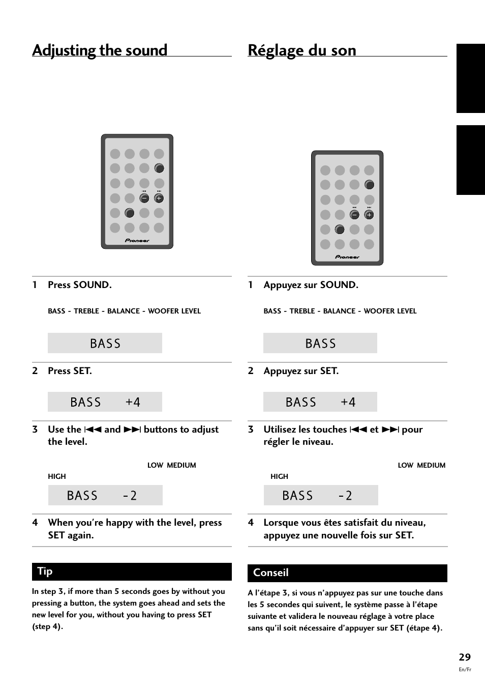 Réglage du son, Adjusting the sound, English fran çais | Conseil | Pioneer CT-F10 User Manual | Page 29 / 146
