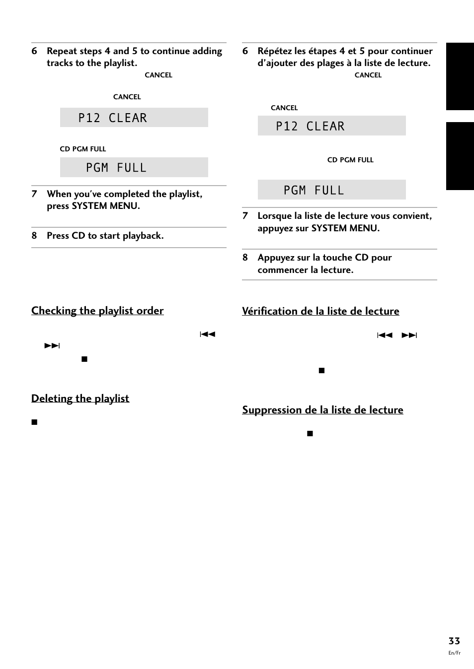 English fran çais, Checking the playlist order, Deleting the playlist | Vérification de la liste de lecture, Suppression de la liste de lecture | Pioneer CT-F10 User Manual | Page 33 / 146