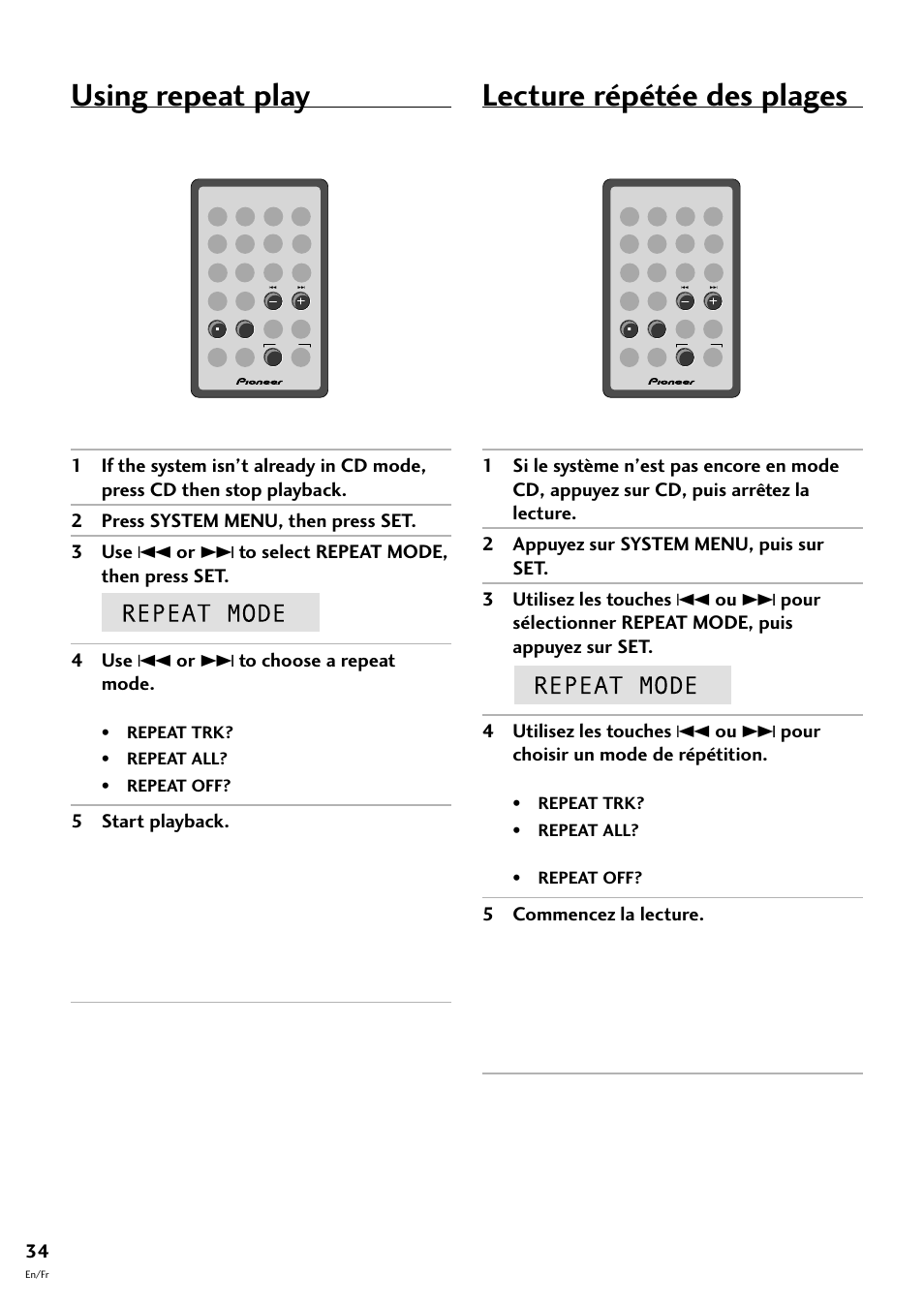 Lecture répétée des plages, Using repeat play | Pioneer CT-F10 User Manual | Page 34 / 146