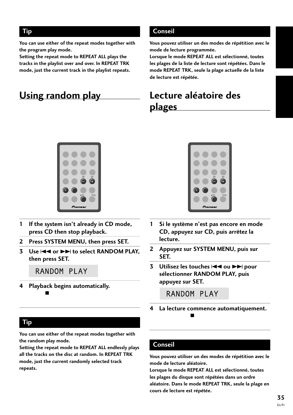 Lecture aléatoire des plages, Using random play, English français | Conseil | Pioneer CT-F10 User Manual | Page 35 / 146