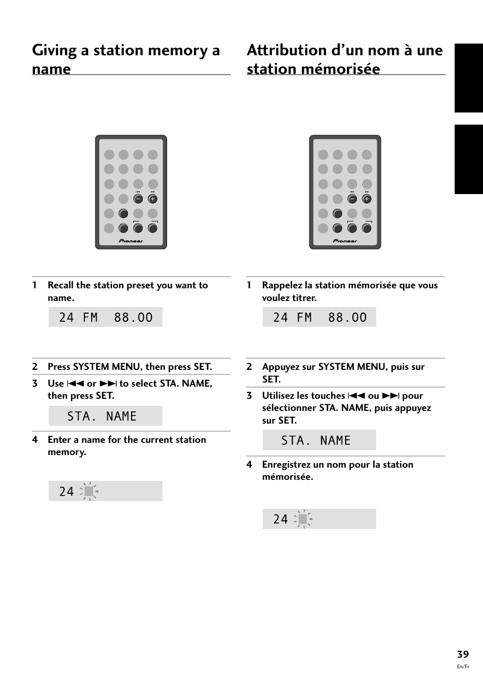 Attribution d’un nom à une station mémorisée, English fran çais, 1 recall the station preset you want to name | Pioneer CT-F10 User Manual | Page 39 / 146