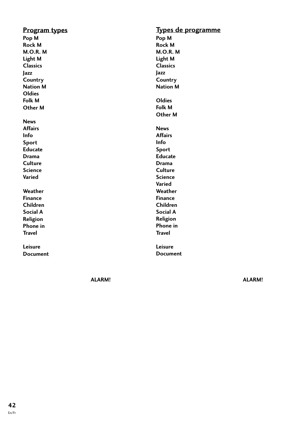 Types de programme, Program types | Pioneer CT-F10 User Manual | Page 42 / 146