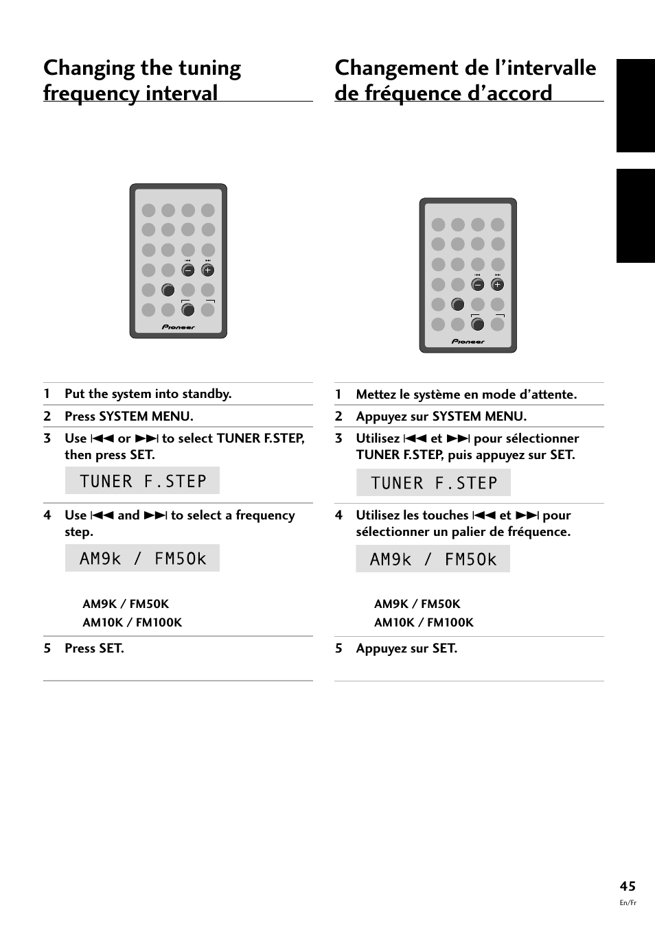 Changing the tuning frequency interval, Changement de l’intervalle de fréquence d’accord, English fran çais | Pioneer CT-F10 User Manual | Page 45 / 146